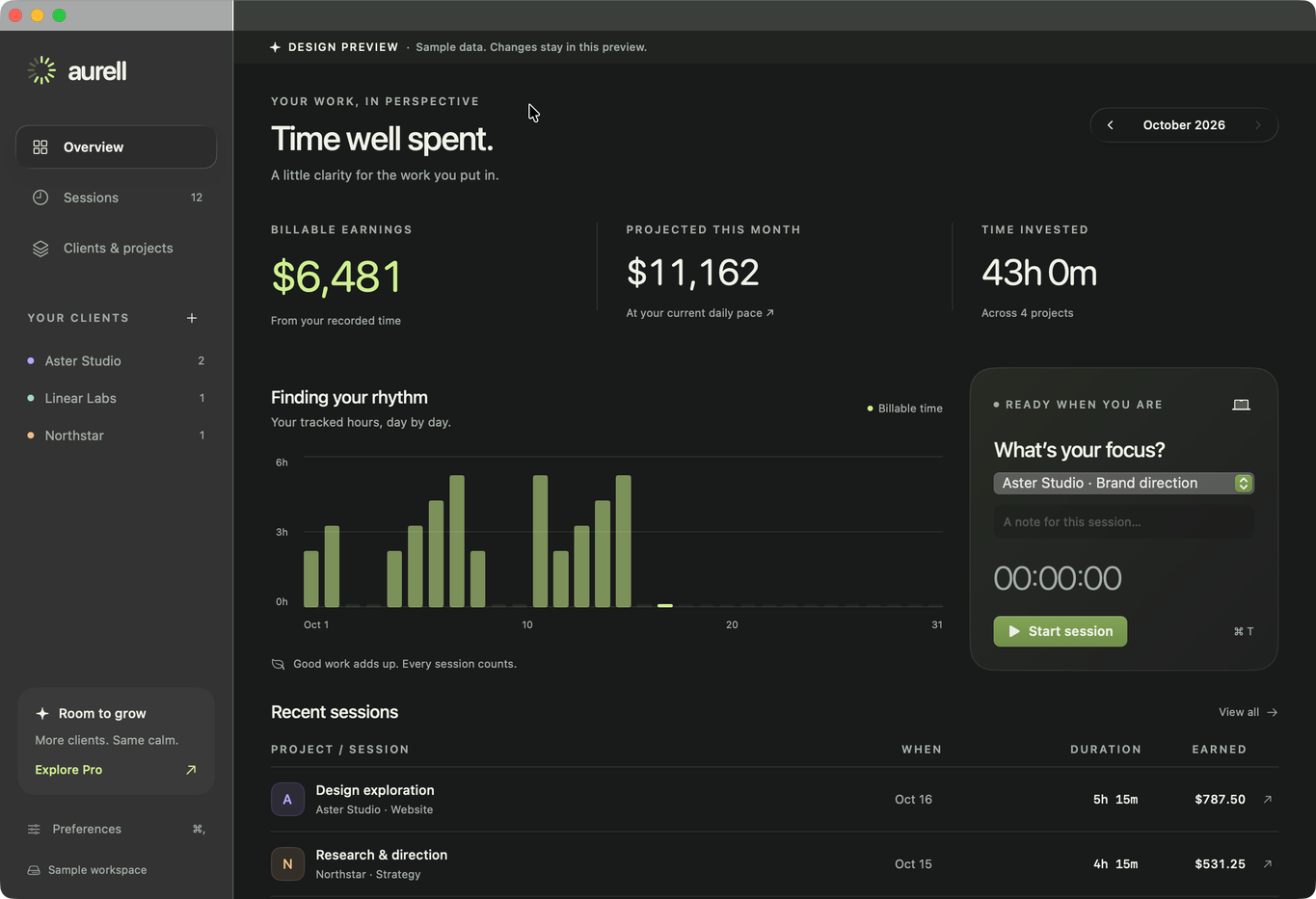 Aurell’s native Mac overview with sample monthly billable earnings, earnings projection, daily hours chart, session timer, and recent sessions.